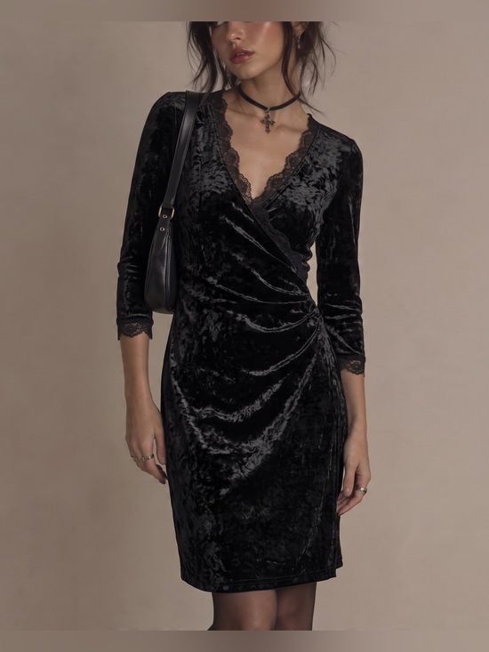Vintage Dresses & Skirts - VINTAGE Ruched Wrap Velvet Midi Dress